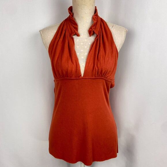 Rachel Pally Ruffle Halter Blouse Size S Spice Orange Knit Top V Neck Sleeveless - Picture 1 of 9